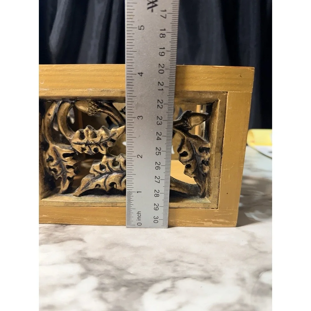Heavy Solid Wood Decorative Box w/ Carved Acorn & Oak Leaf Panels 6×5×4.5 (2757)